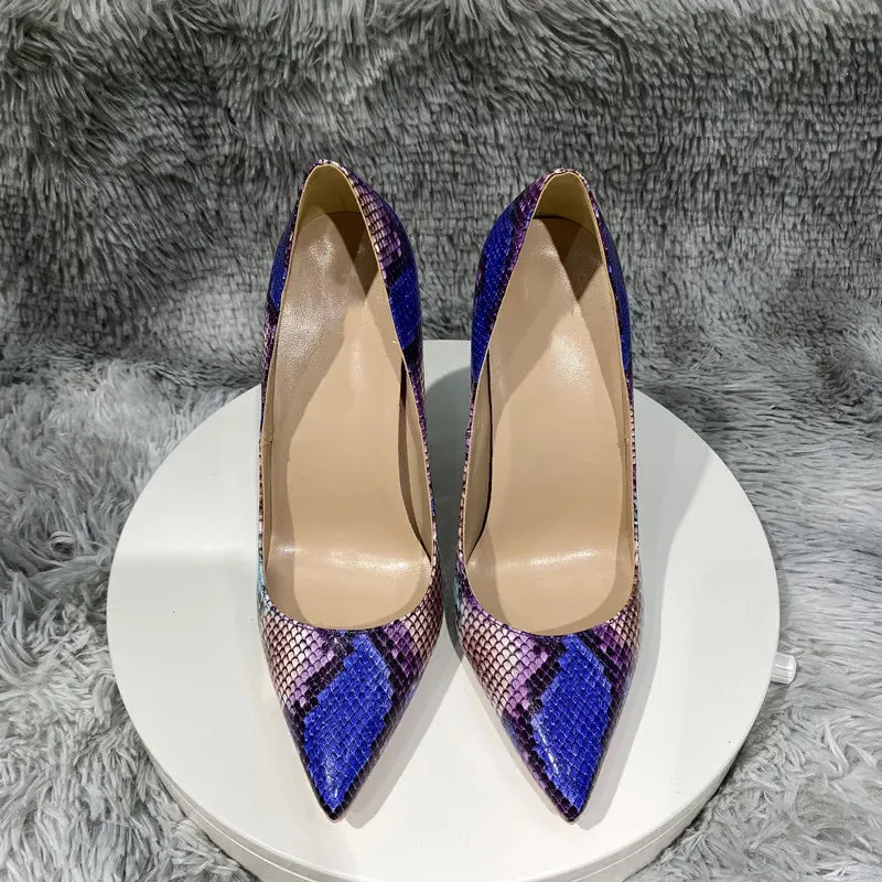Color blocking snake pattern Leather High Heel Shoes
