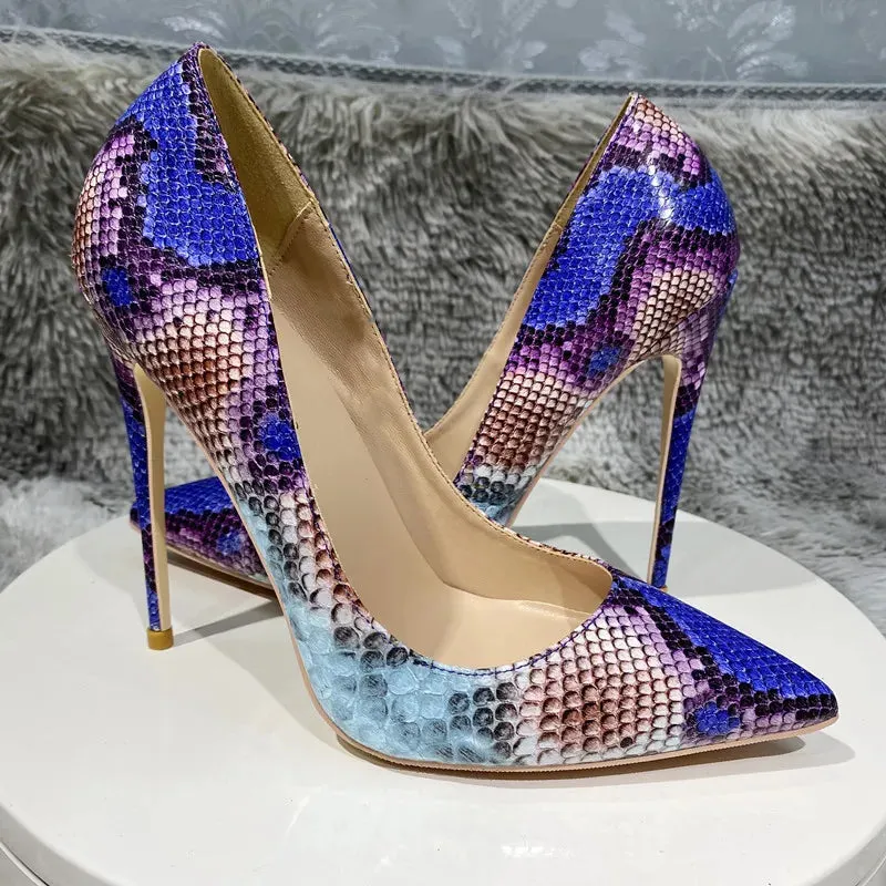 Color blocking snake pattern Leather High Heel Shoes