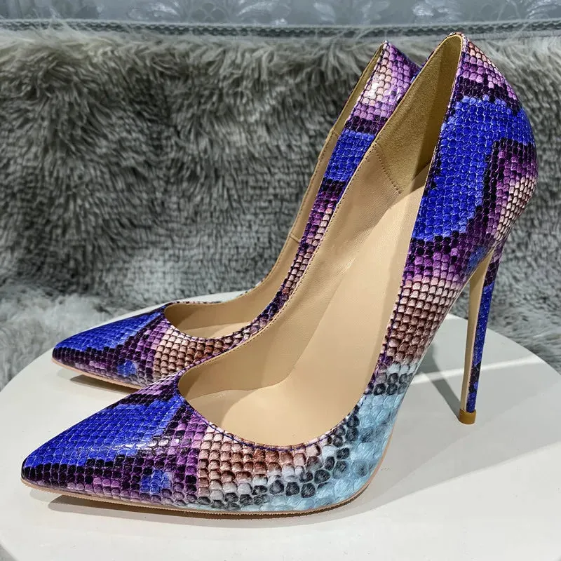 Color blocking snake pattern Leather High Heel Shoes