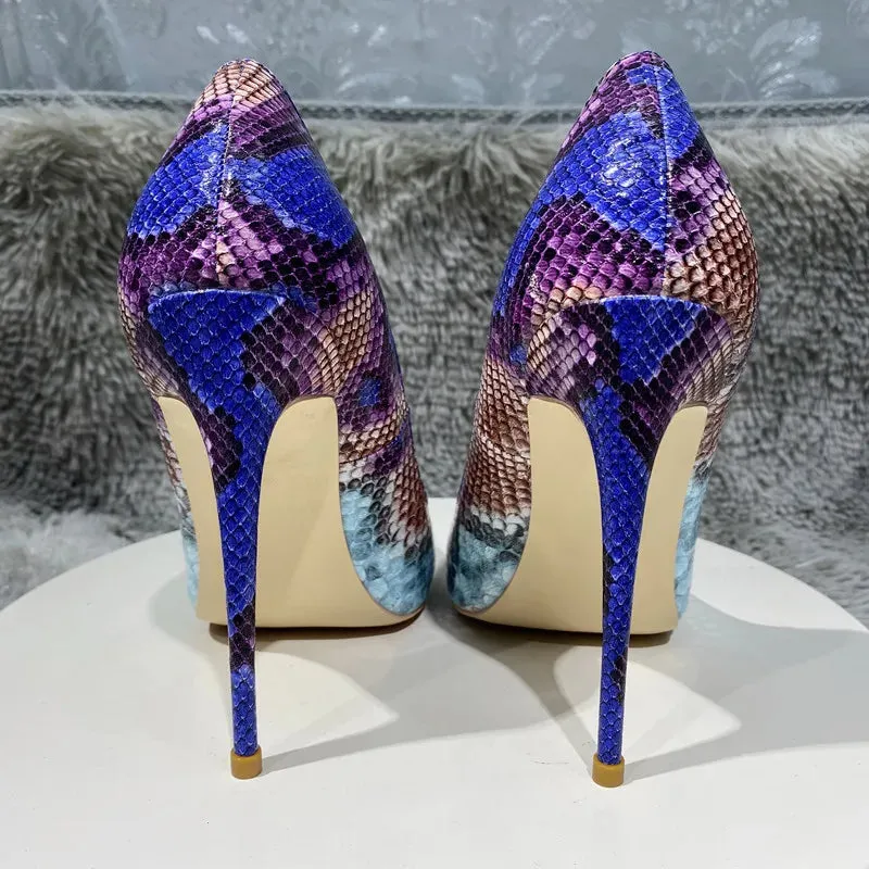 Color blocking snake pattern Leather High Heel Shoes