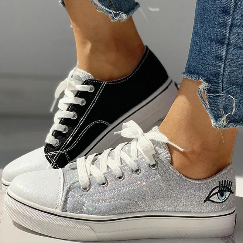 Colorblock Eyes Pattern Eyelet Lace-Up Casual Sneakers