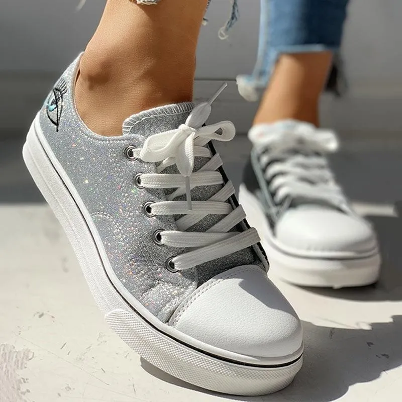 Colorblock Eyes Pattern Eyelet Lace-Up Casual Sneakers