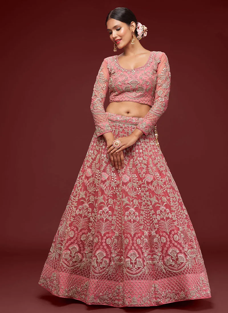 Coral Pink Resham Thread Embroidery Lehenga Choli And Dupatta