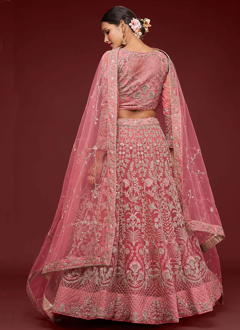 Coral Pink Resham Thread Embroidery Lehenga Choli And Dupatta