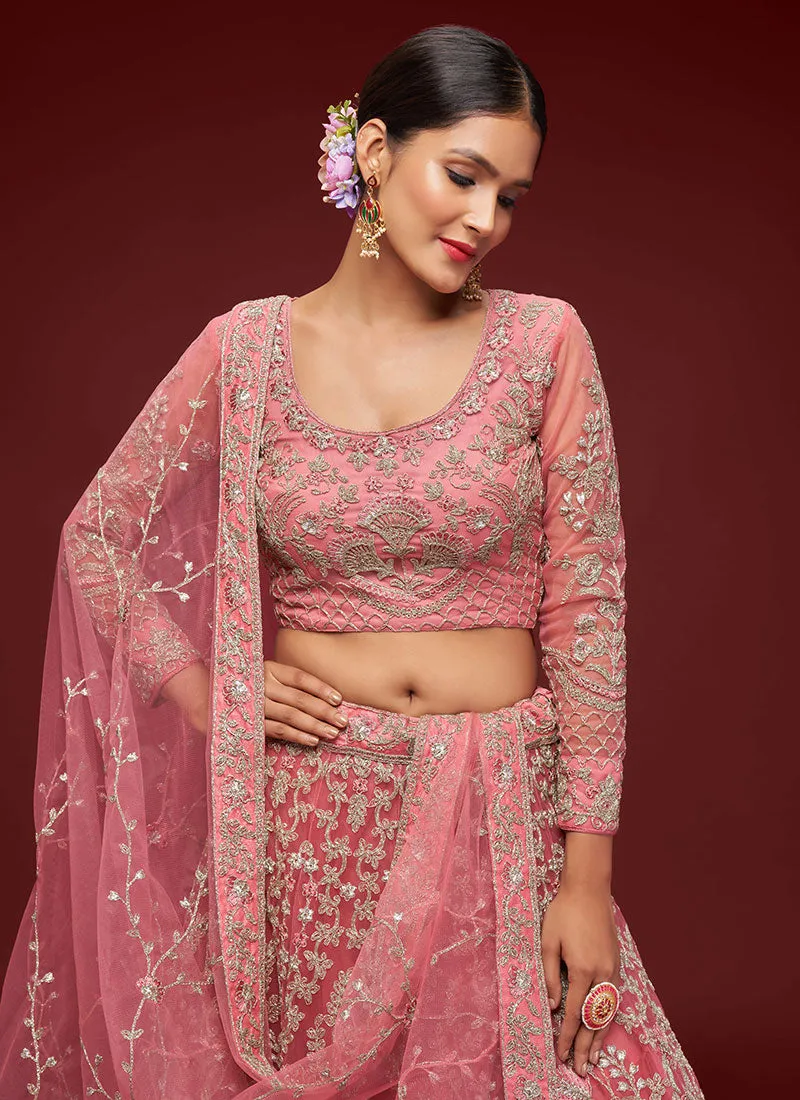 Coral Pink Resham Thread Embroidery Lehenga Choli And Dupatta