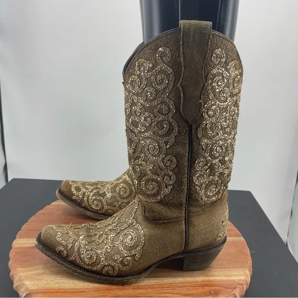 Corral teens Youth Embroidery &amp; gold glitter Overlay Boots T0135 Sz 4 western