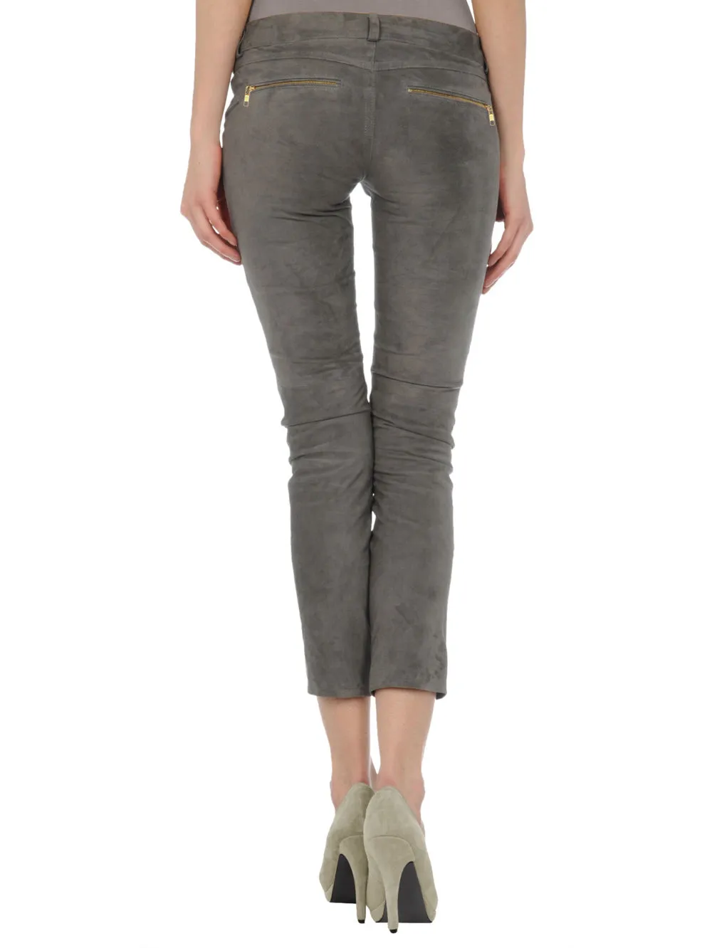 Cross-Zip Capri Leather Pants