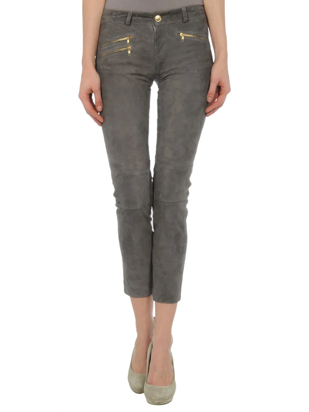 Cross-Zip Capri Leather Pants