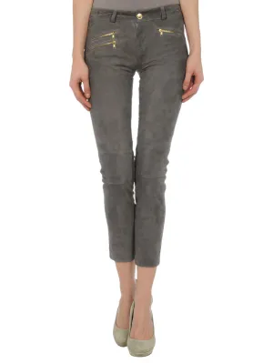 Cross-Zip Capri Leather Pants