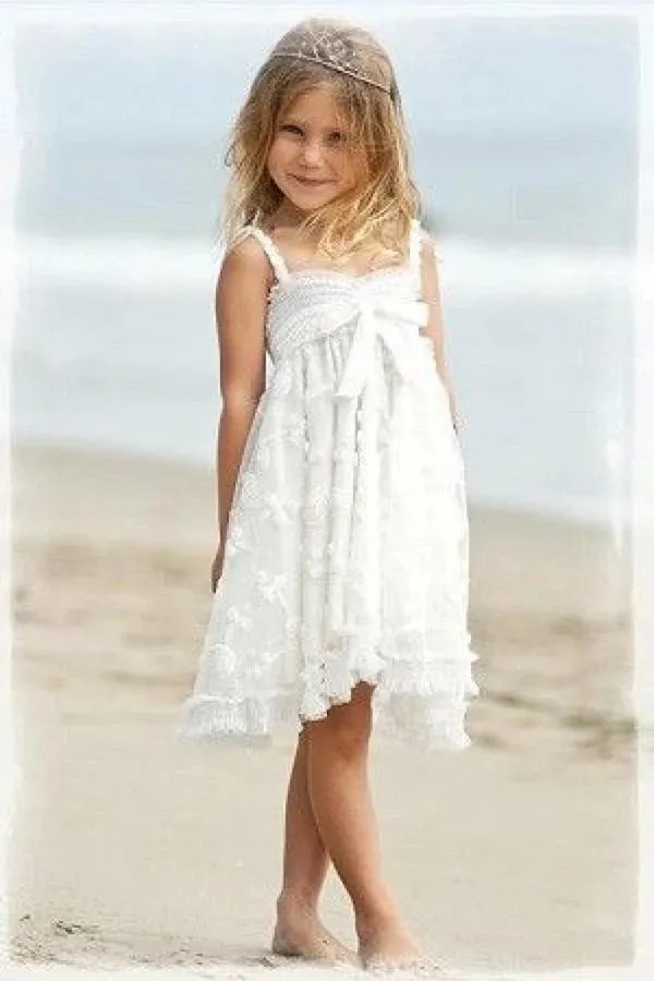Cute Spaghetti Straps Sleeveless Bowknot Lace Beach Flower Girl Dresses OHR012