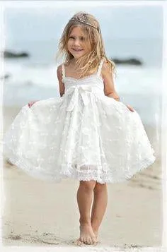 Cute Spaghetti Straps Sleeveless Bowknot Lace Beach Flower Girl Dresses OHR012