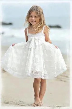 Cute Spaghetti Straps Sleeveless Bowknot Lace Beach Flower Girl Dresses OHR012