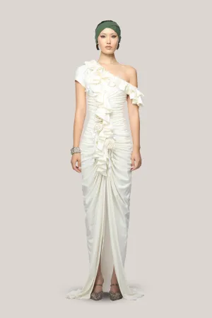 DAS LA VIE • Kasey Slit Diagonal Neck Cotton Polyester Floor Length Dress