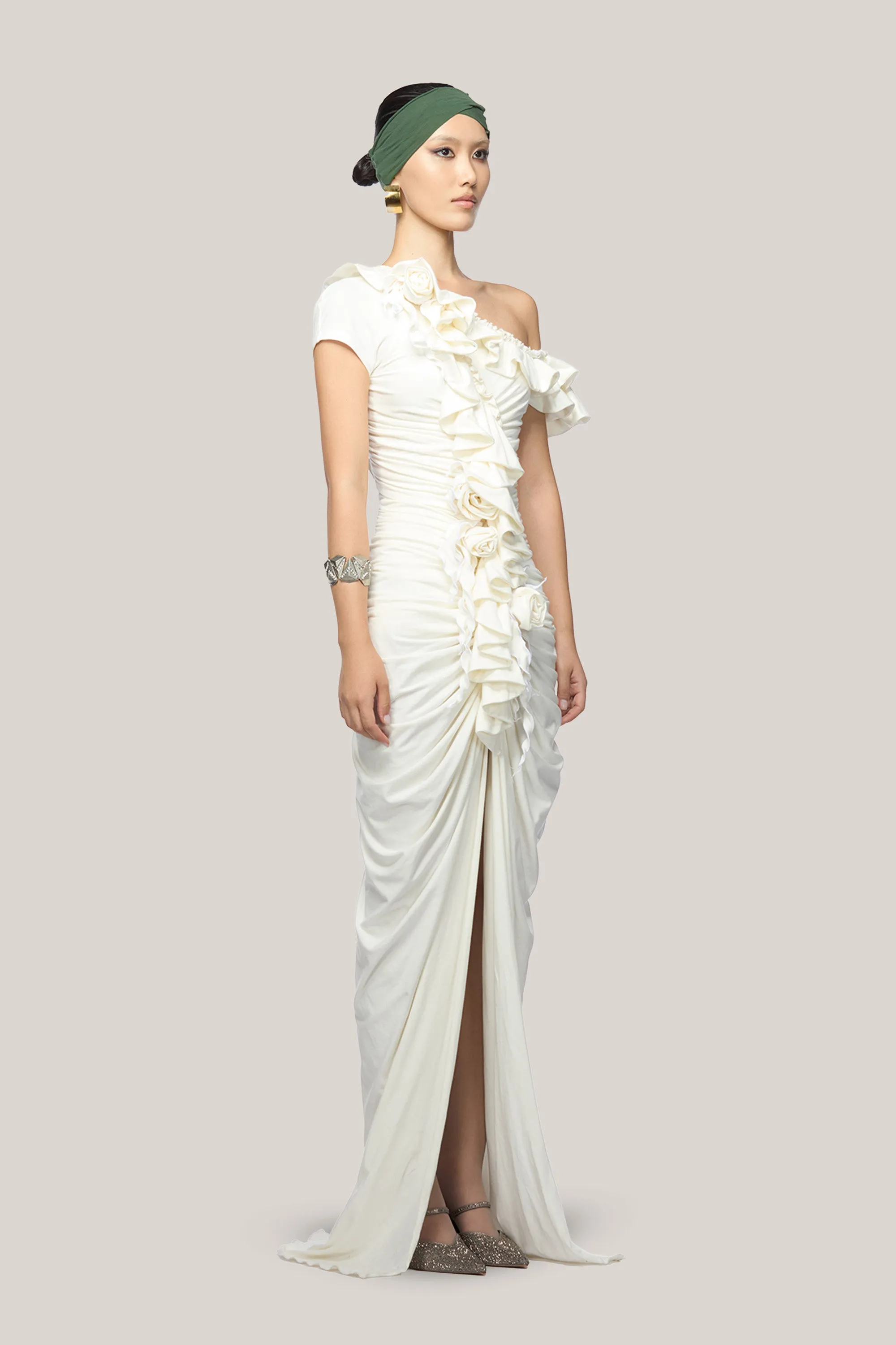 DAS LA VIE • Kasey Slit Diagonal Neck Cotton Polyester Floor Length Dress