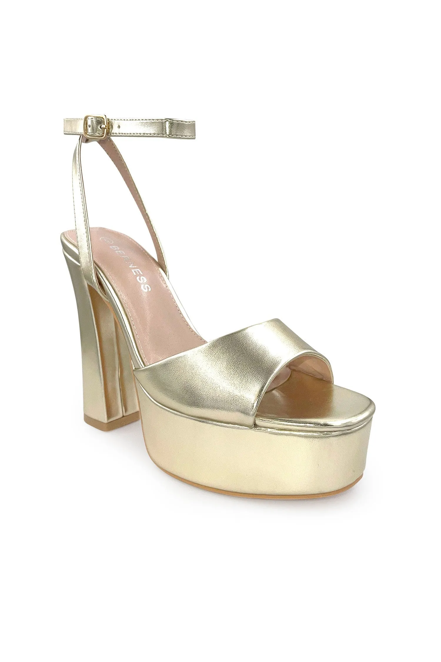 DELLA Gold Faux Leather Platform Heel - Ankle Strap with Adjustable Buckle