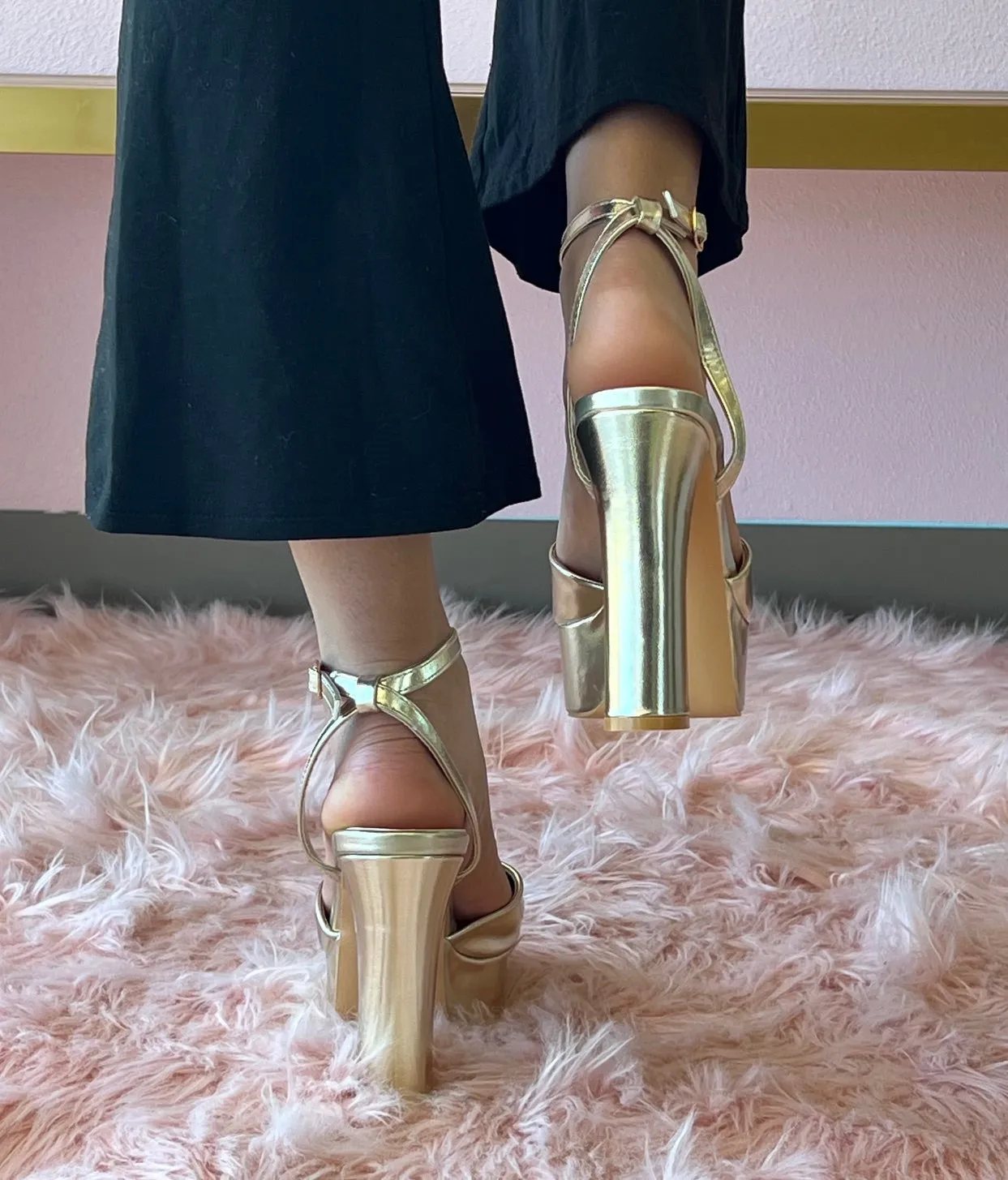 DELLA Gold Faux Leather Platform Heel - Ankle Strap with Adjustable Buckle