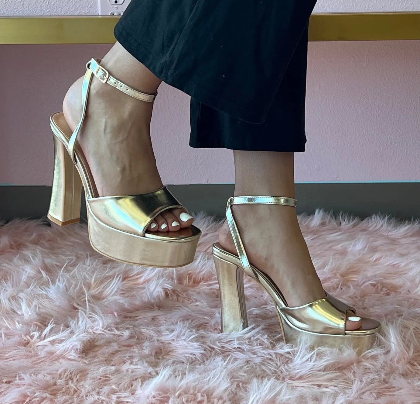 DELLA Gold Faux Leather Platform Heel - Ankle Strap with Adjustable Buckle