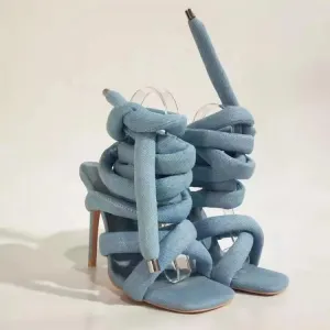 Denim Thick Strap Lace Up Heels