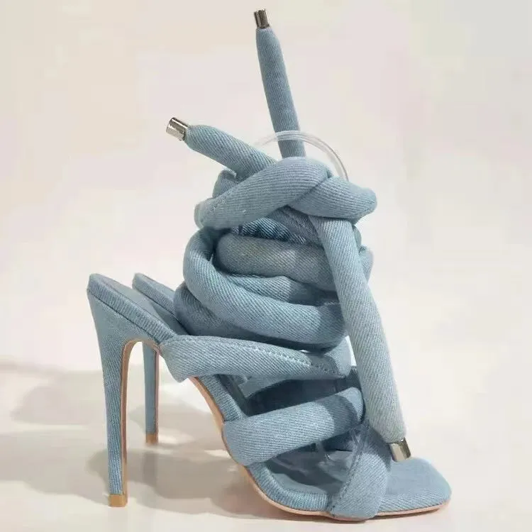 Denim Thick Strap Lace Up Heels