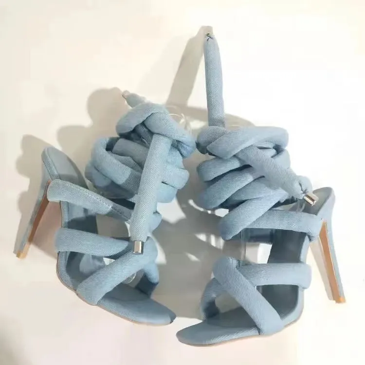 Denim Thick Strap Lace Up Heels