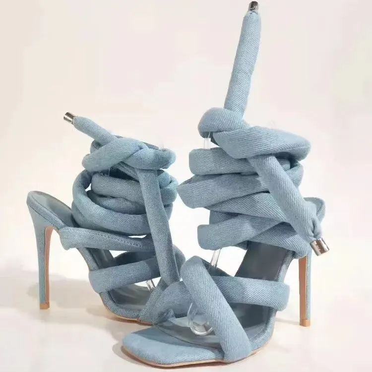 Denim Thick Strap Lace Up Heels