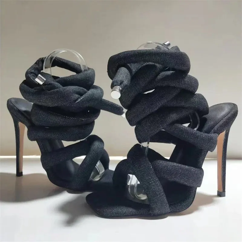 Denim Thick Strap Lace Up Heels