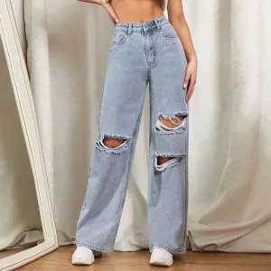 DenimColab 2022 Hole Washed Wide Leg Pants Jeans Women Loose Boyfriend Jeans 100% Cotton Mom Jeans Casual Trousers Denim Pants