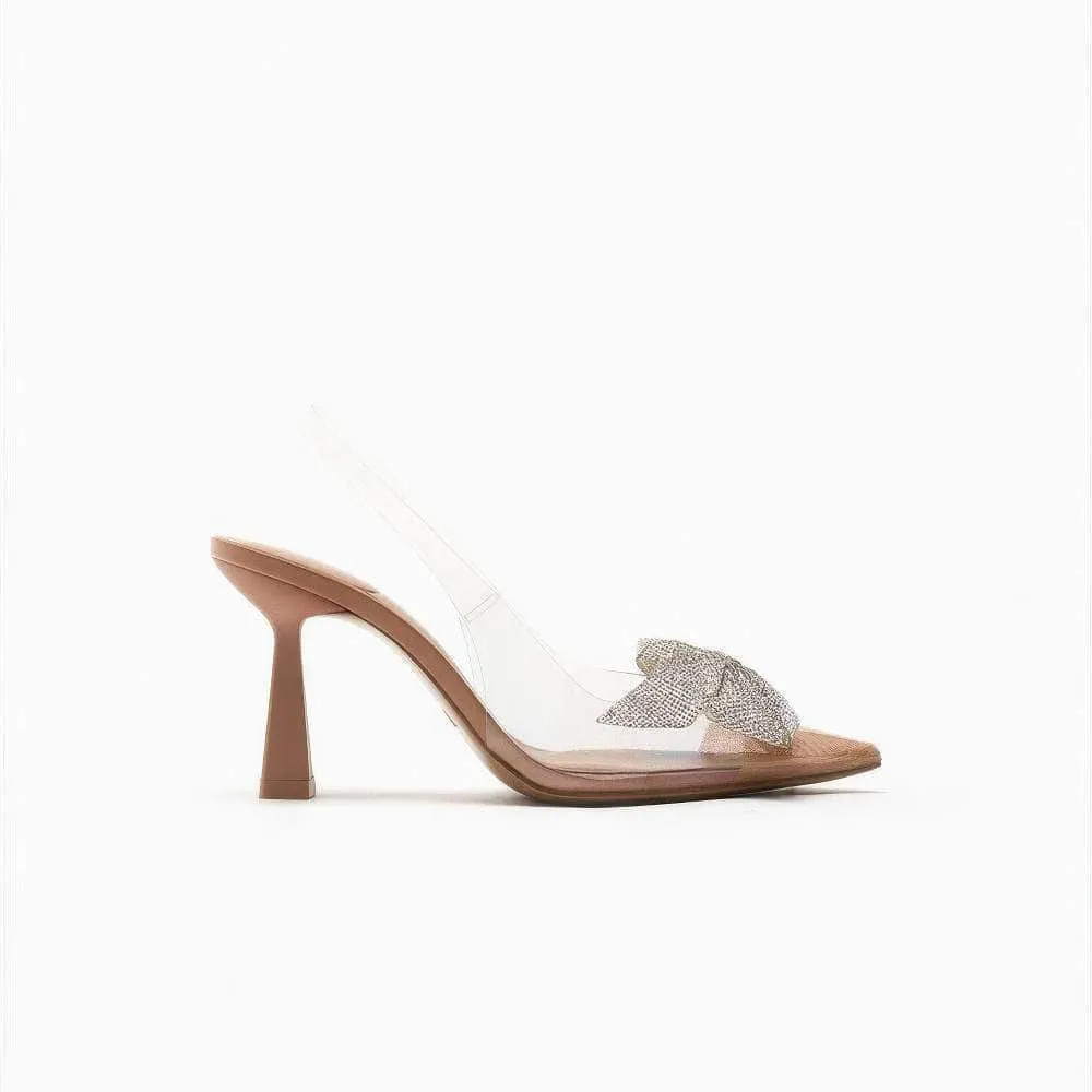 Diamante Sequin Bow Transparent Ankle Strap Heels