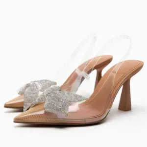 Diamante Sequin Bow Transparent Ankle Strap Heels