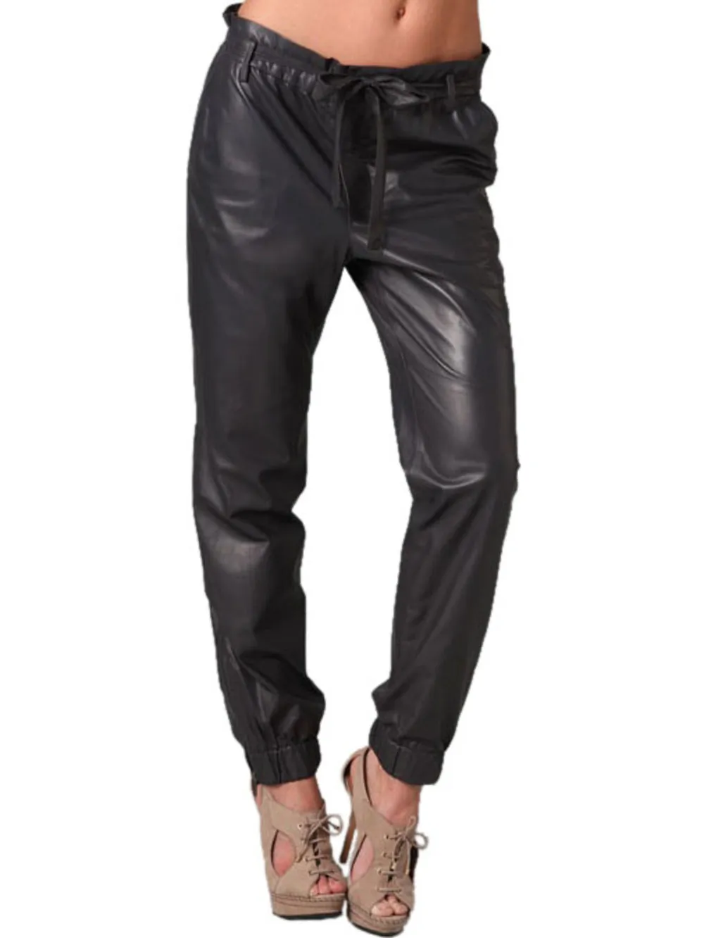 Elastic-Band Comfort Leather Pants