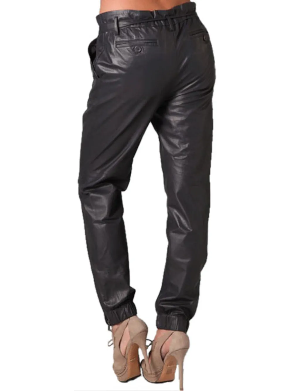 Elastic-Band Comfort Leather Pants
