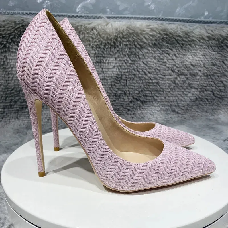 fashion 12cm Pink Knitted high heels Women's pointed high heels