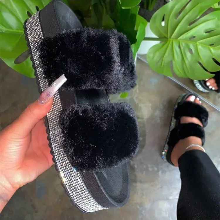 Fashion Rhinestone Platform  Fluffy Sandals