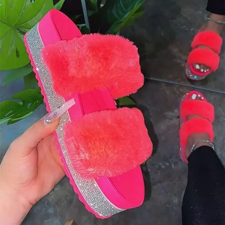 Fashion Rhinestone Platform  Fluffy Sandals