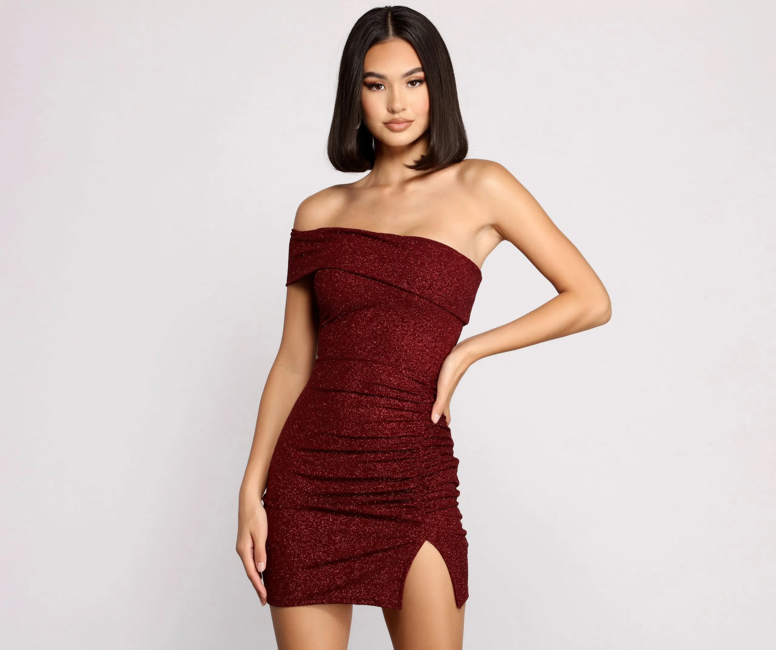 First Impression One Charming Shoulder Glitter Mini Dress