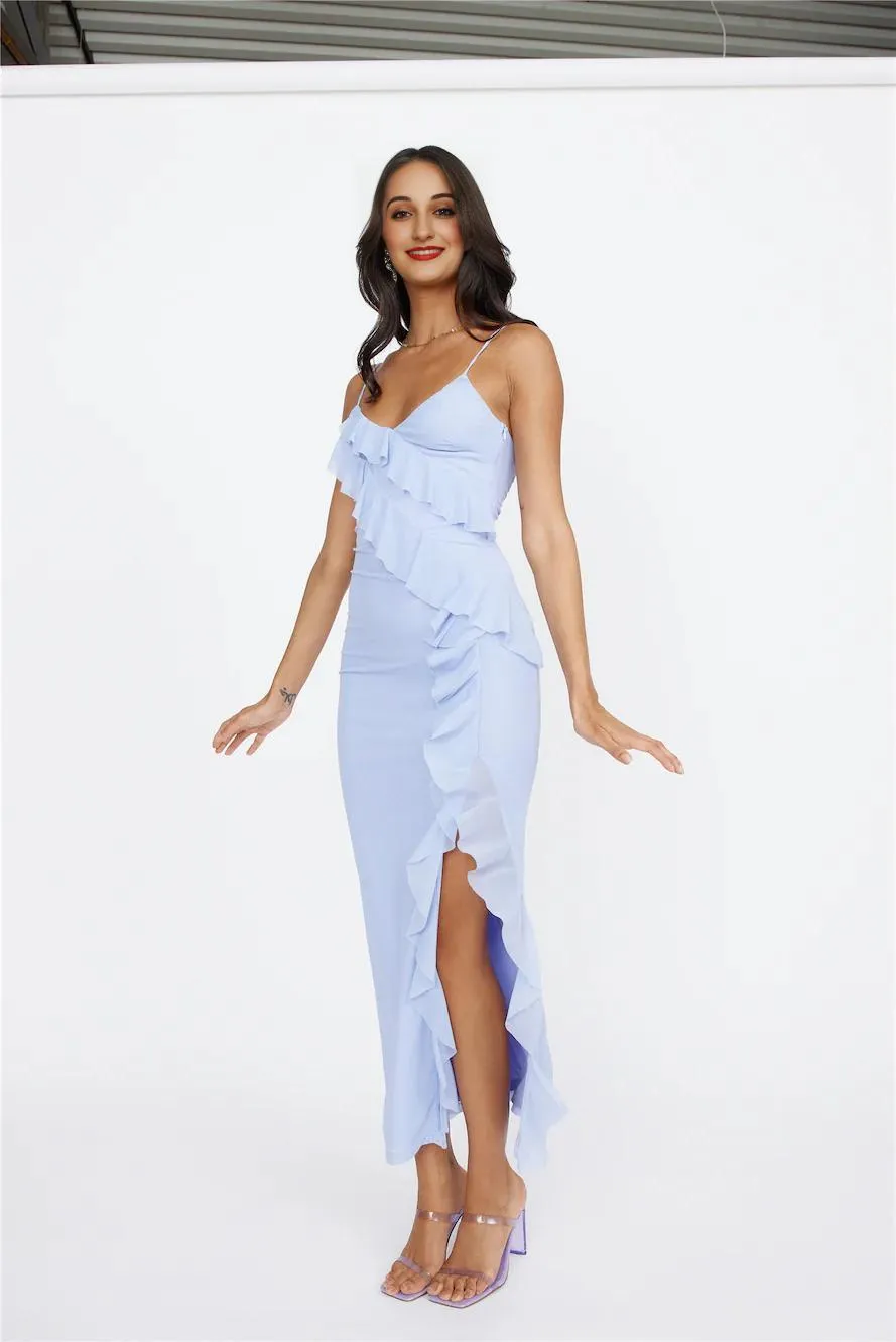 Flaunt It Girl Frill Mesh Maxi Dress Blue