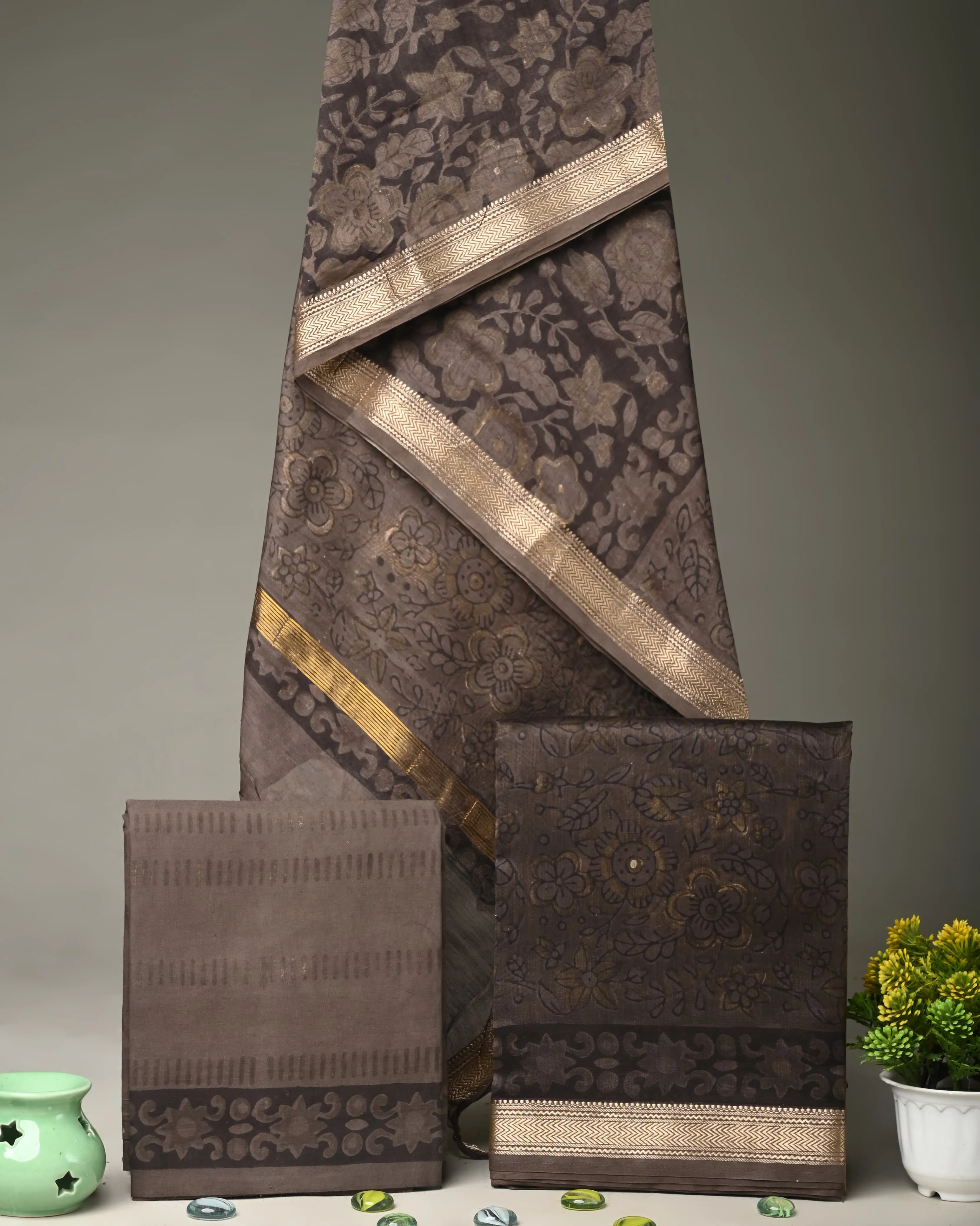 Floral Brown Maheshwari Silk Ajrakh Print Suit Material