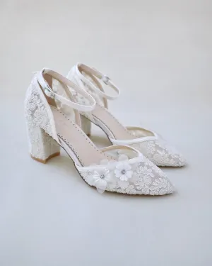 Flower Embellished Lace Block Heels Wedding Shoes