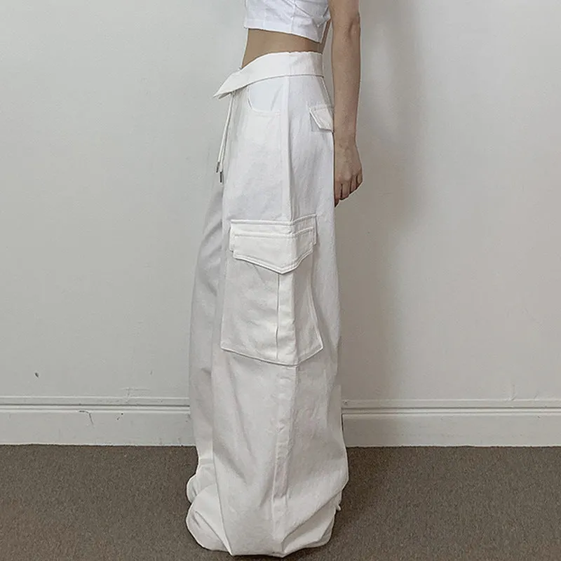 Fold Over Ruched Black Cargo Pants
