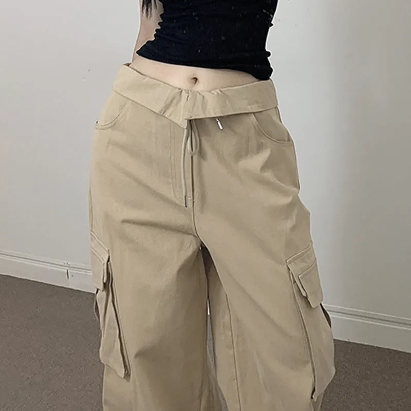 Fold Over Ruched Black Cargo Pants