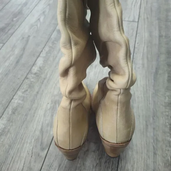 Frye Boots Women's 5 Dorado Slouch Leather Western Cuffed Cream Rancher Cream