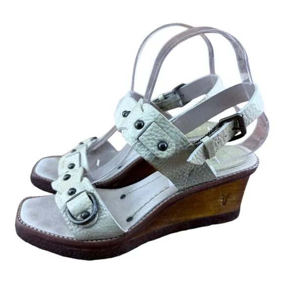 FRYE Rachel Women Beige  patent leather Double strap wooden wedge heel  …
