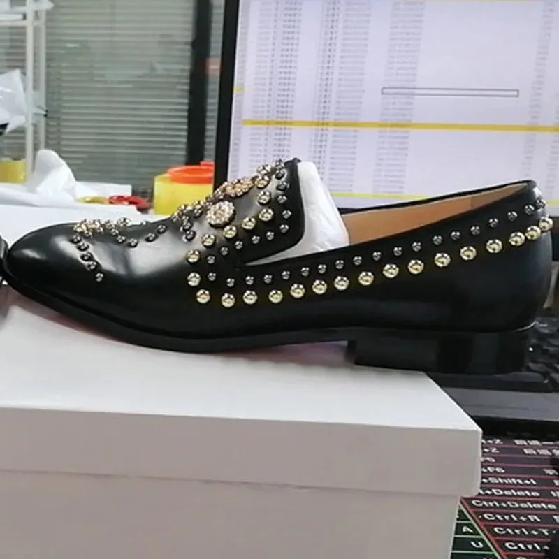 Genuine Leather Men Luxury Beaded Rivets Loafers Slip On Flats Dress Shoes