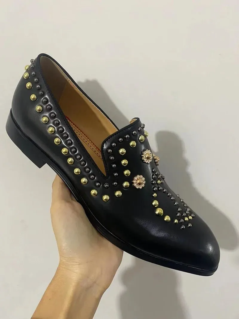 Genuine Leather Men Luxury Beaded Rivets Loafers Slip On Flats Dress Shoes