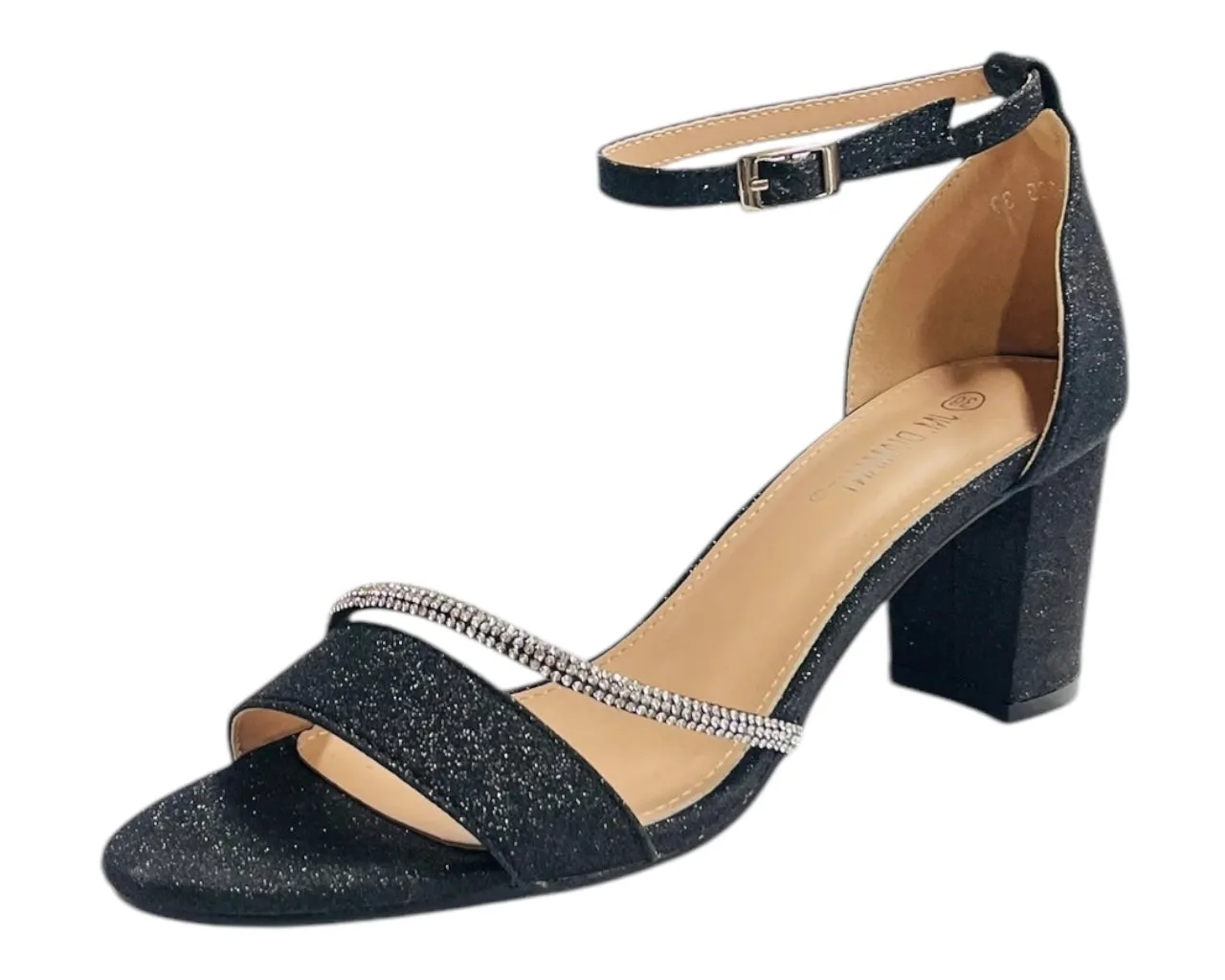 Glitter Ankle Strap Block Heel Diamante Shoes