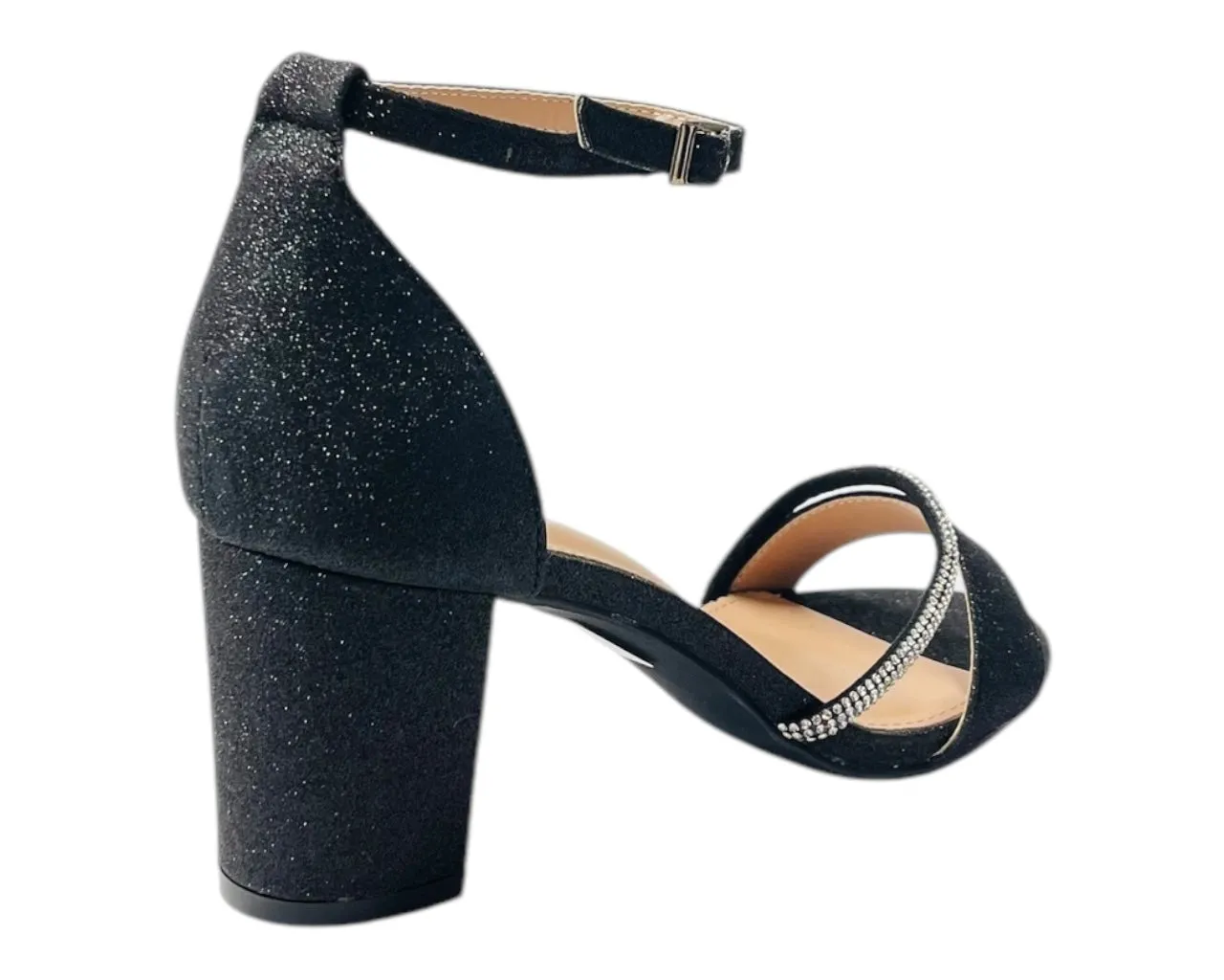 Glitter Ankle Strap Block Heel Diamante Shoes