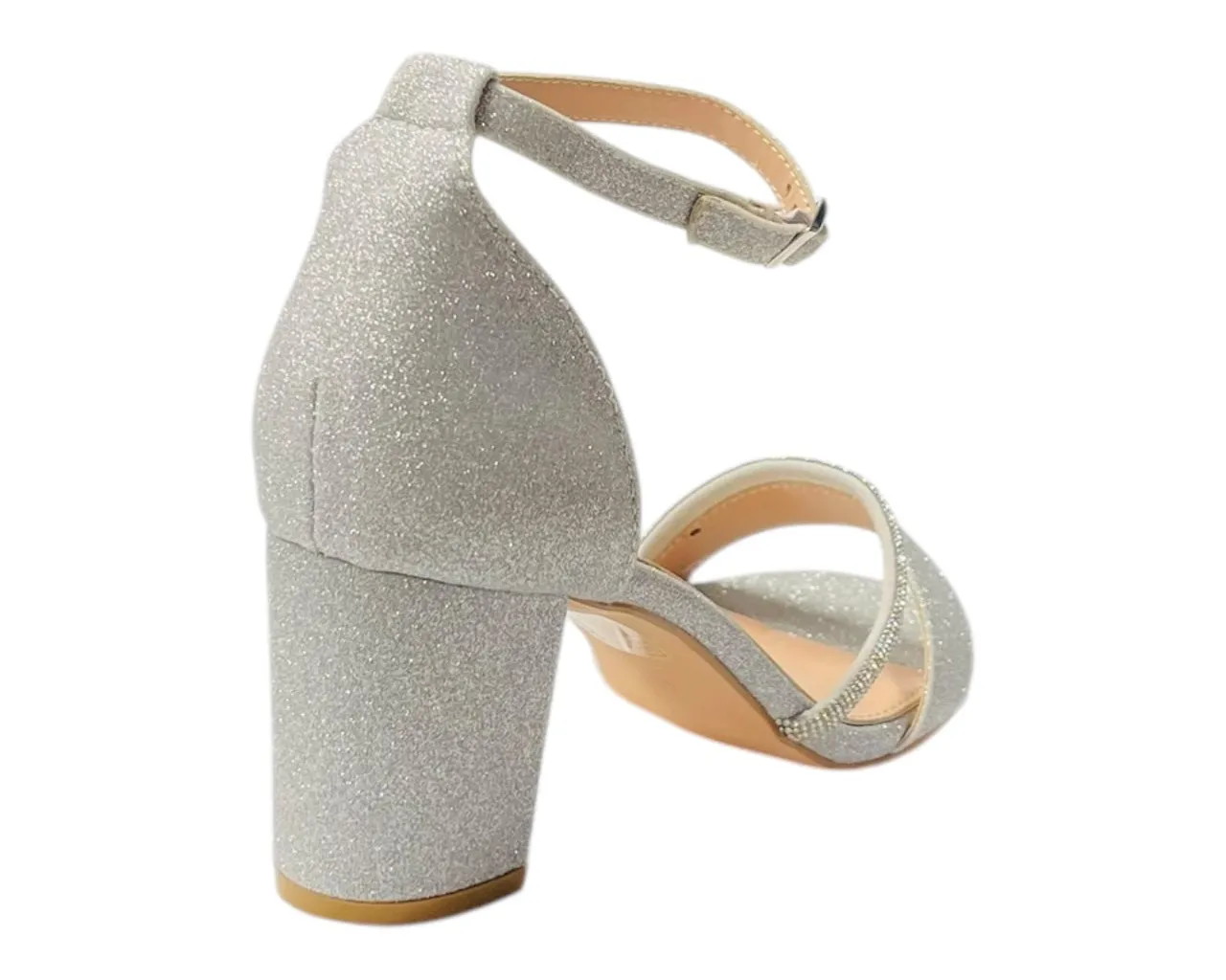 Glitter Ankle Strap Block Heel Diamante Shoes