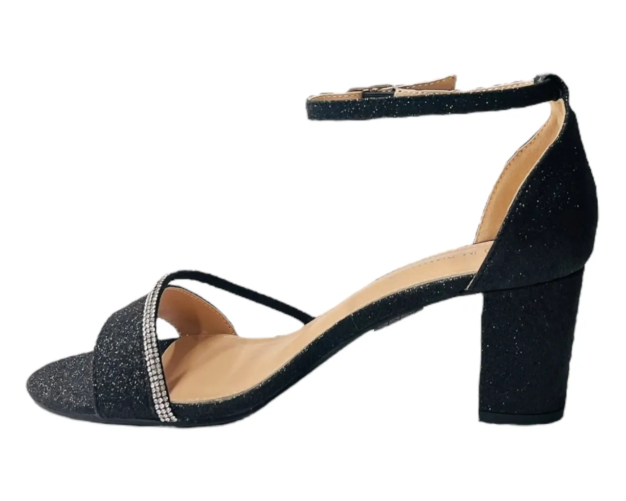 Glitter Ankle Strap Block Heel Diamante Shoes