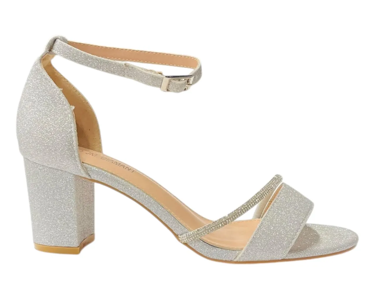 Glitter Ankle Strap Block Heel Diamante Shoes