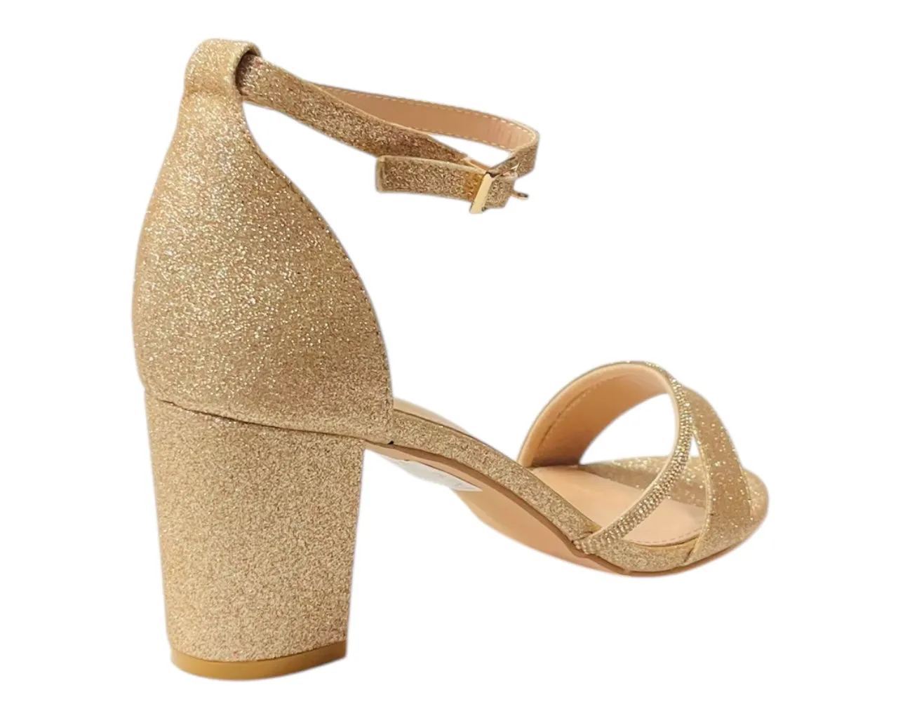 Glitter Ankle Strap Block Heel Diamante Shoes